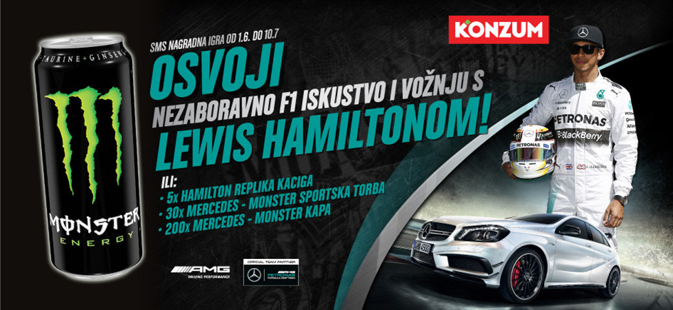 Konzum nagradna igra - kupi Monster i osvoji vožnju s Hamiltonom!